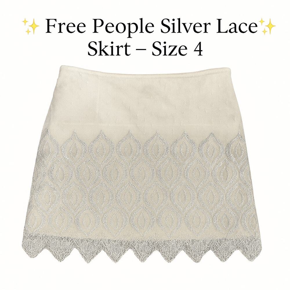 Free People Silver Lace Mini Skirt Women’s Size 4 Scalloped Hem Metallic Overlay